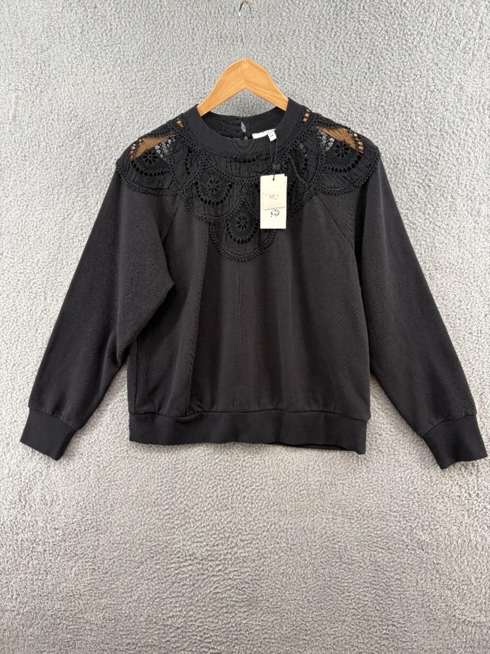 Sea New York Drea Embroidery Lace Yoke Sweatshirt Black XS NWT